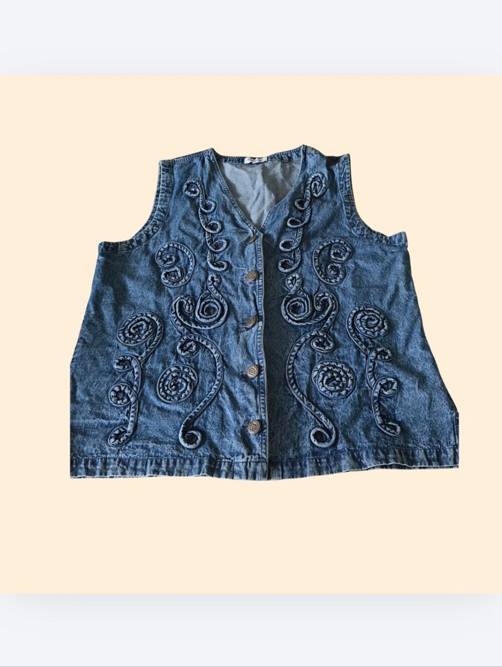 Serengeti Ribbon Soutache Vest Denim Size XL Cotton Scroll Art Button Up Top